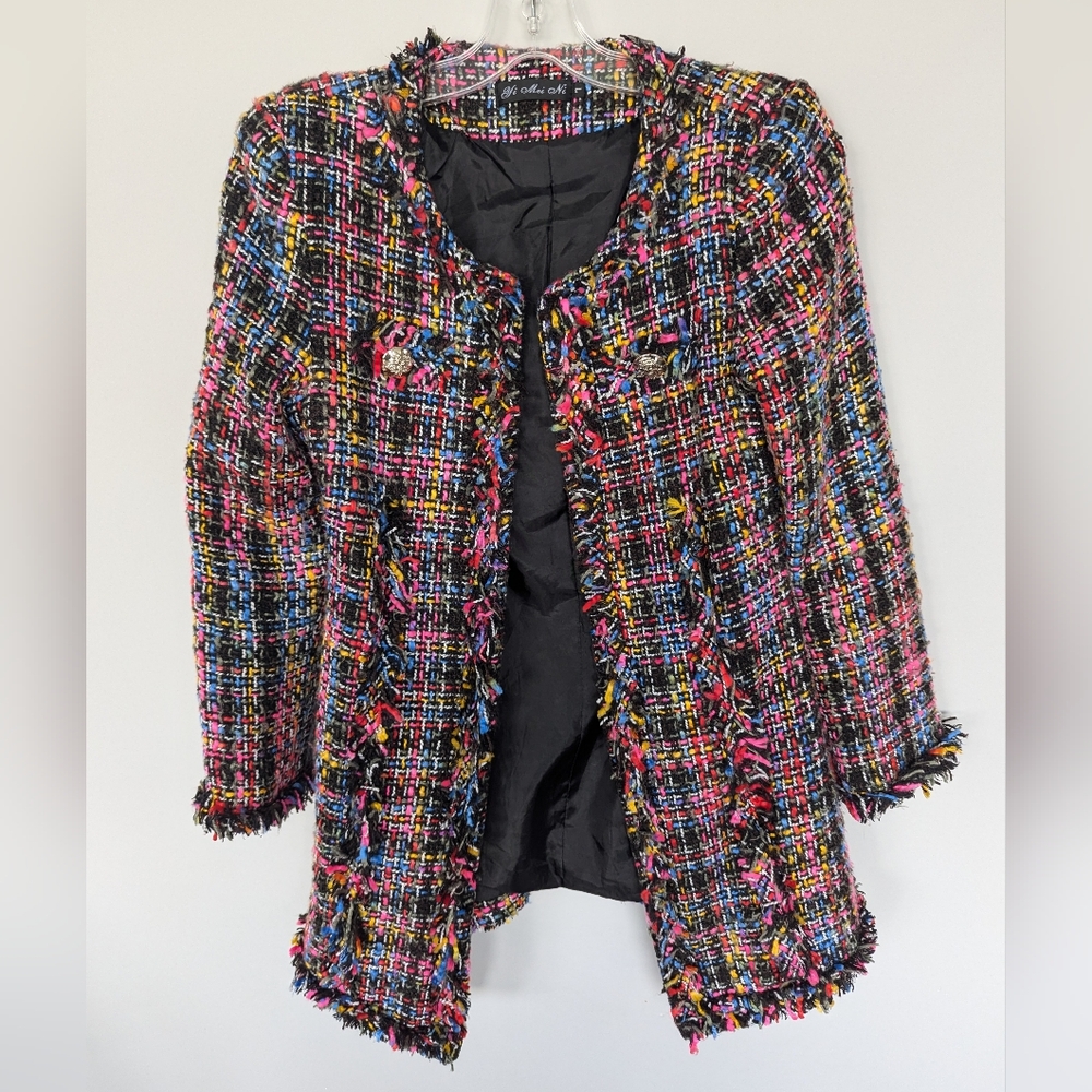 Vibrant Multicolor Tweed Blazer with Frayed Edges